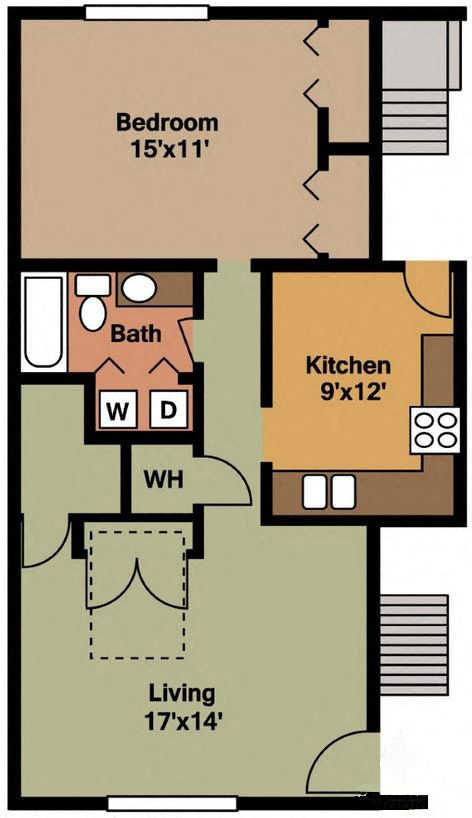 Floor plan for 1 bed, 1 bath, 858 sqft