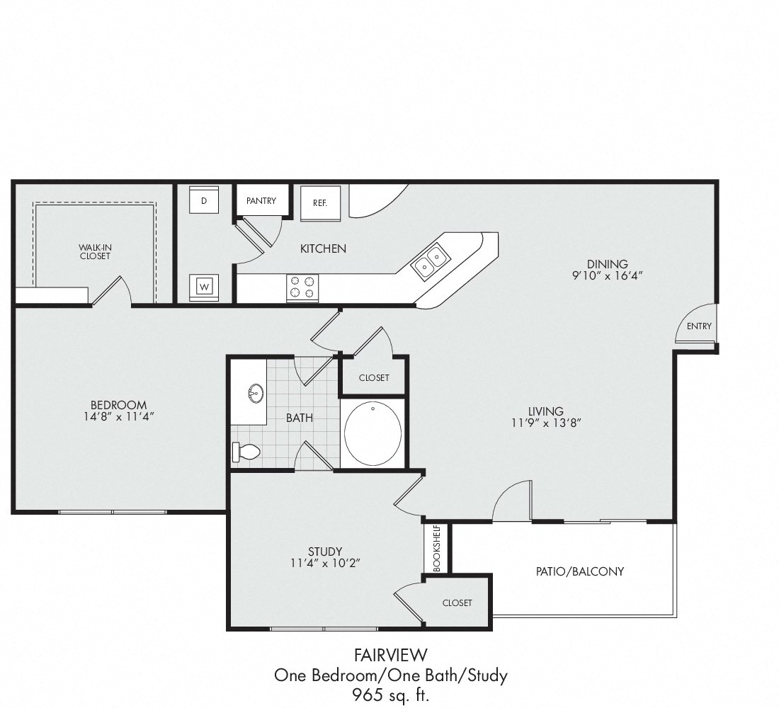 Floor plan for 1 bed, 1 bath, 965 sqft