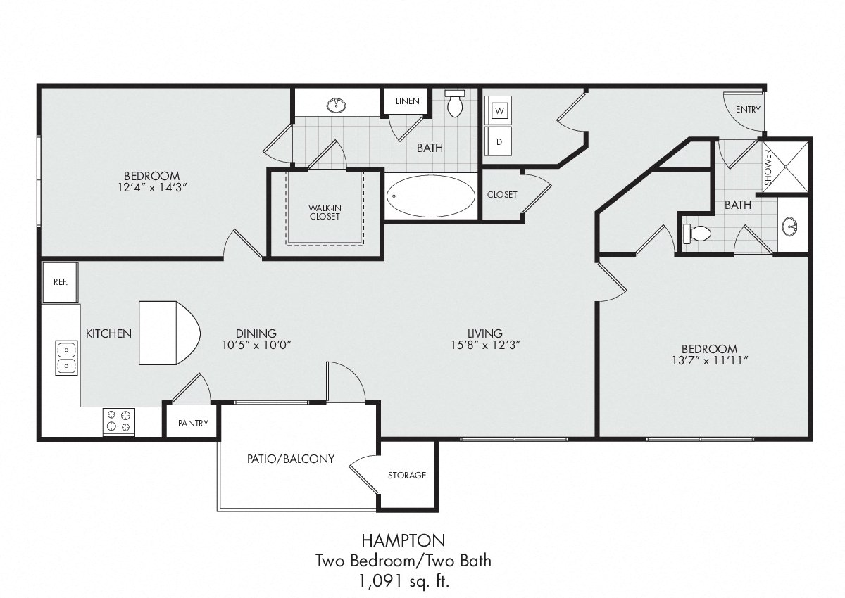 Floor plan for 2 beds, 2 baths, 1091 sqft