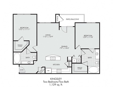 Floor plan for 2 beds, 2 baths, 1129 sqft