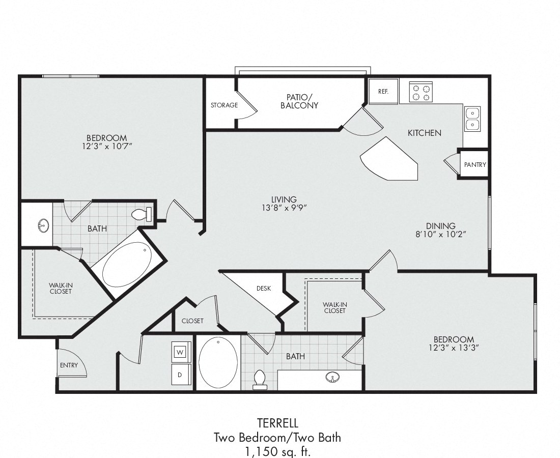 Floor plan for 2 beds, 2 baths, 1150 sqft
