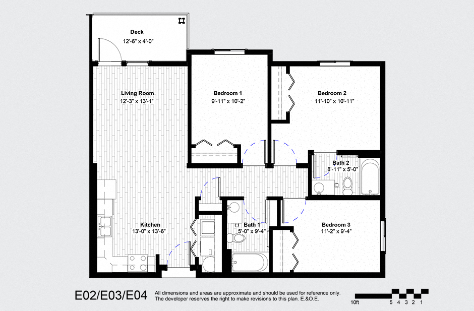 Floor plan for 3 beds, 2 baths, 1053 sqft