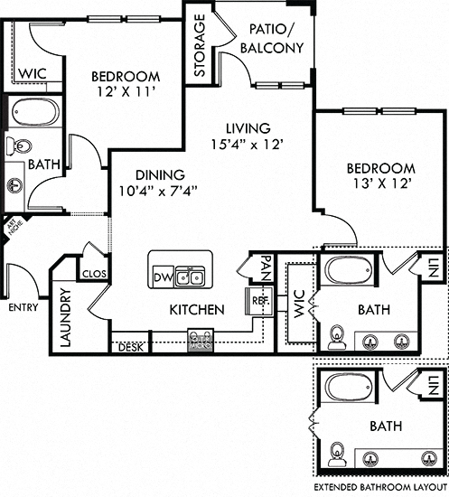 Floor plan for 2 beds, 2 baths, 1125 sqft