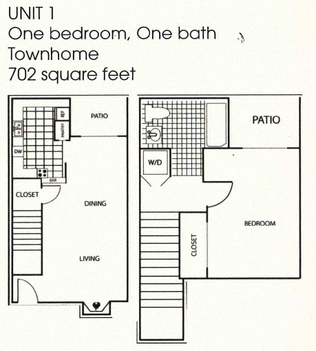 Floor plan for 1 bed, 1 bath, 702 sqft