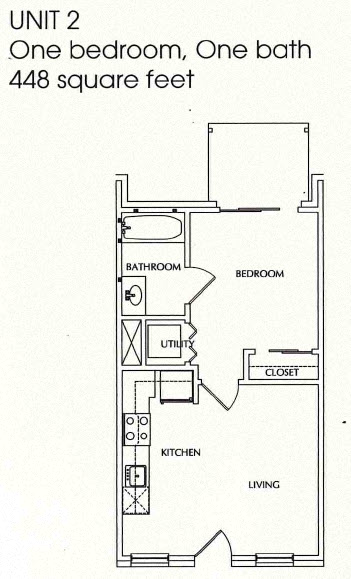 Floor plan for 1 bed, 1 bath, 448 sqft