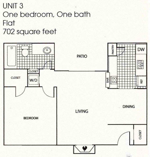 Floor plan for 1 bed, 1 bath, 702 sqft