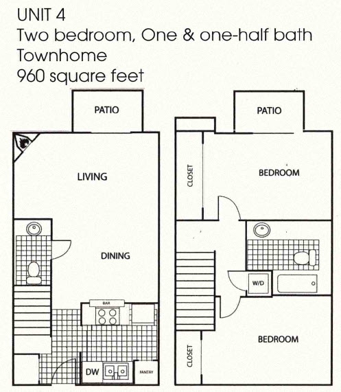 Floor plan for 2 beds, 1.5 baths, 960 sqft