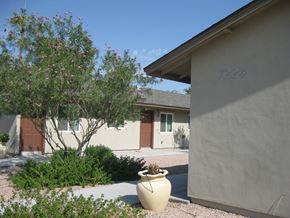 Scottsdale apartment for rent - a side view of a house with a potted plant in front of it