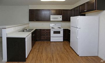 Rochester apartment for rent - an empty kitchen with white appliances and black cabinets