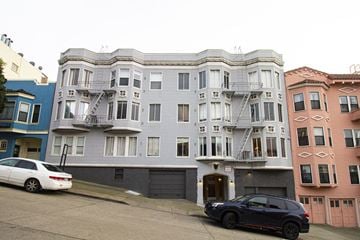 San Francisco apartment for rent - A white car is parked in front of a grey building.