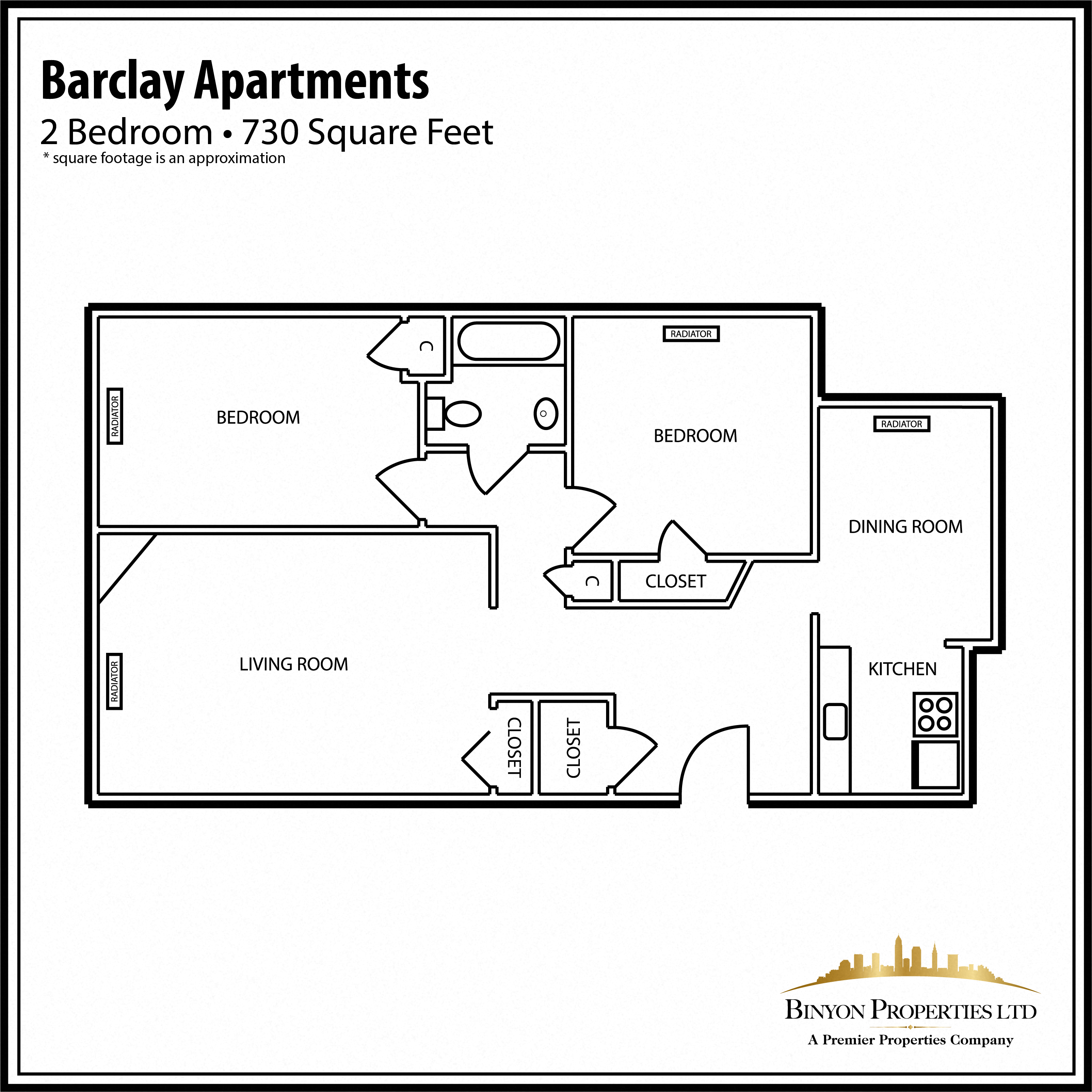 Floor plan for 2 beds, 1 bath, 637 sqft