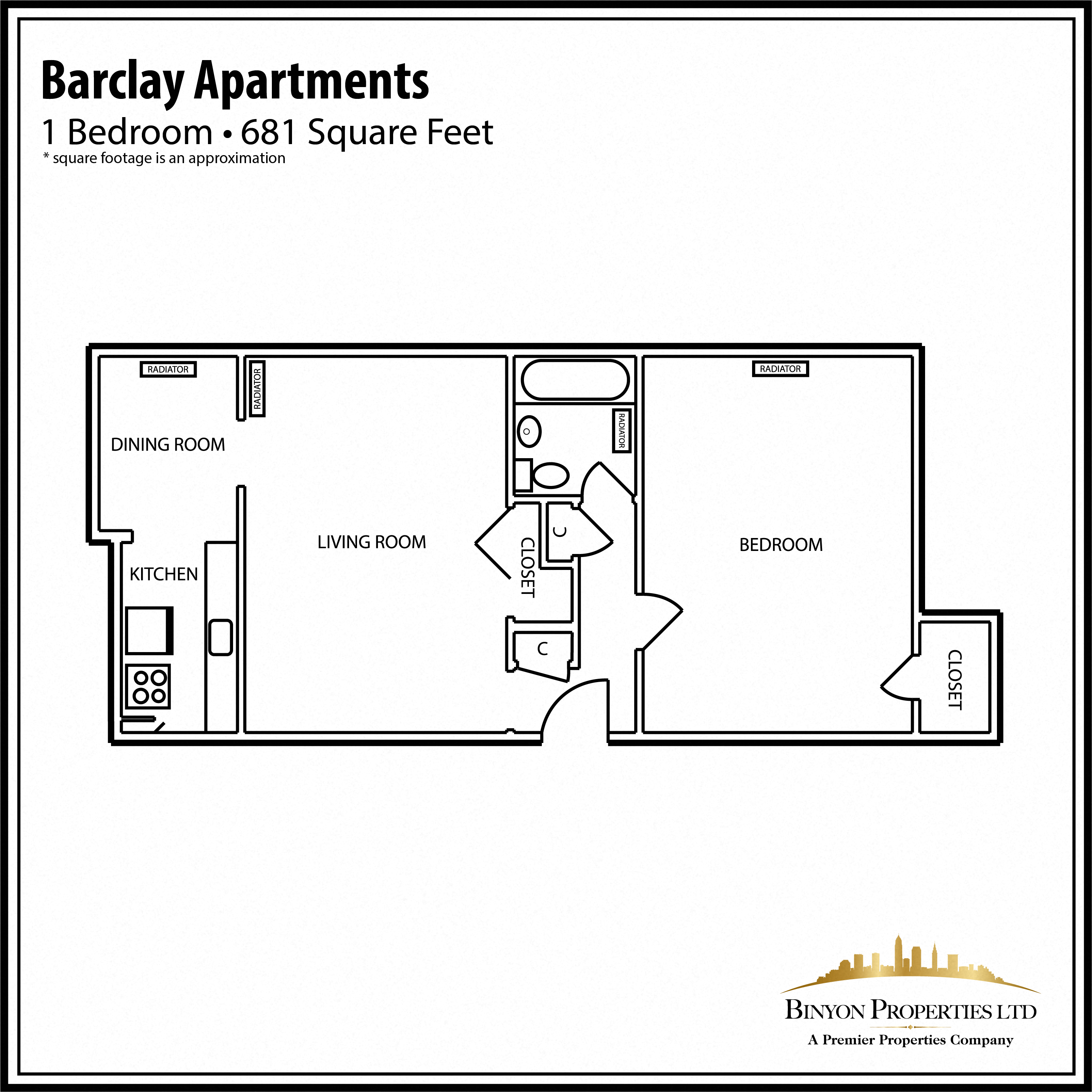 Floor plan for 1 bed, 1 bath, 718 sqft