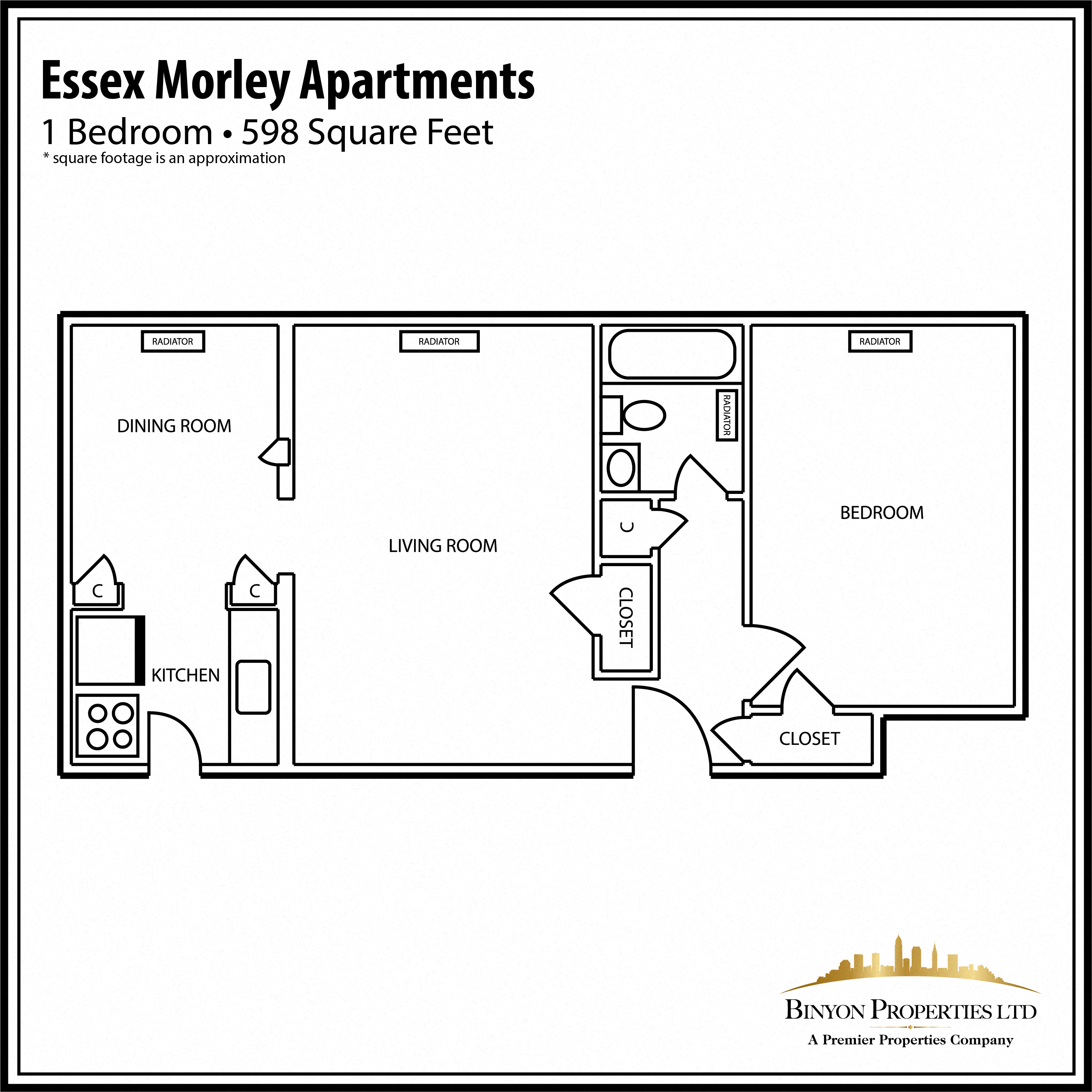 Floor plan for 1 bed, 1 bath, 638 sqft