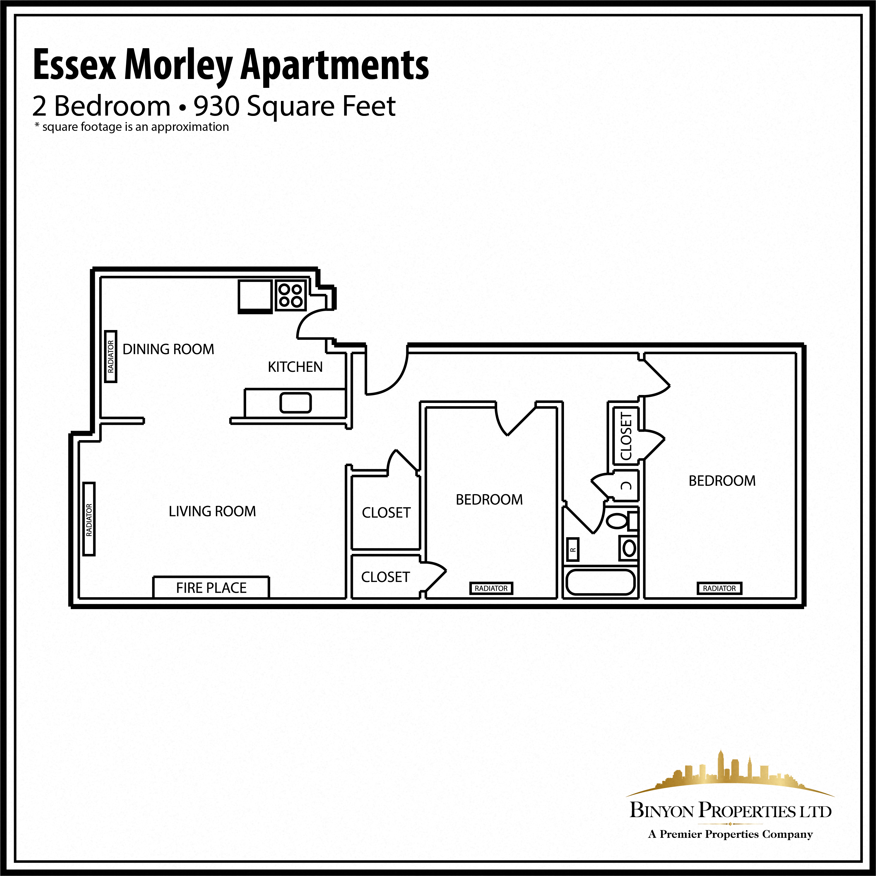 Floor plan for 2 beds, 1 bath, 768 sqft