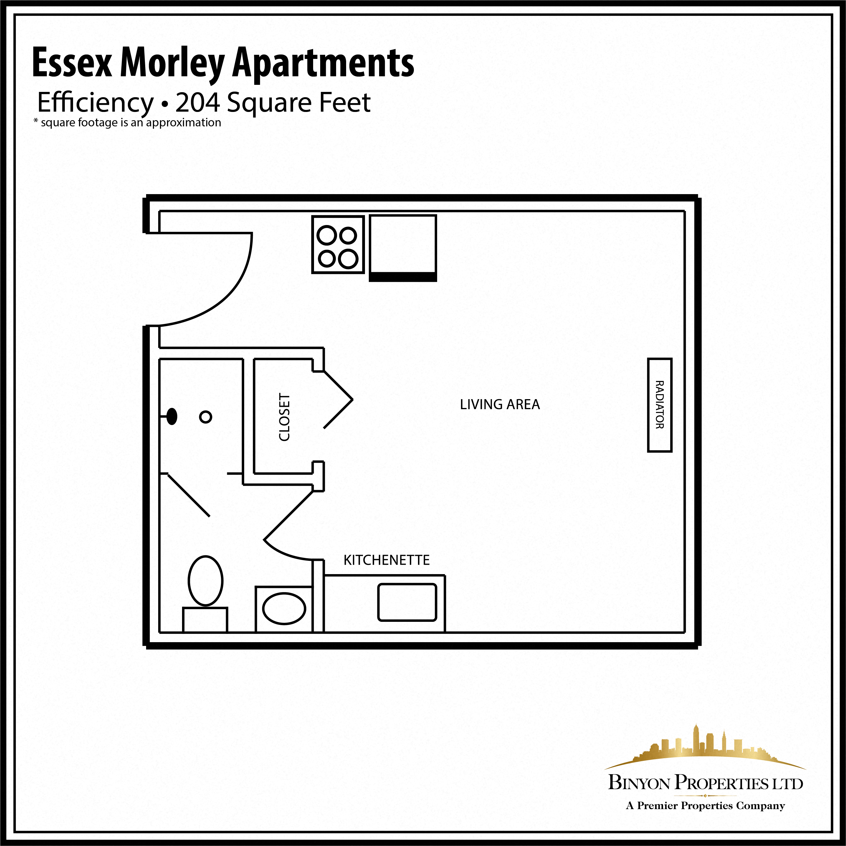 Floor plan for studio, 1 bath, 204 sqft
