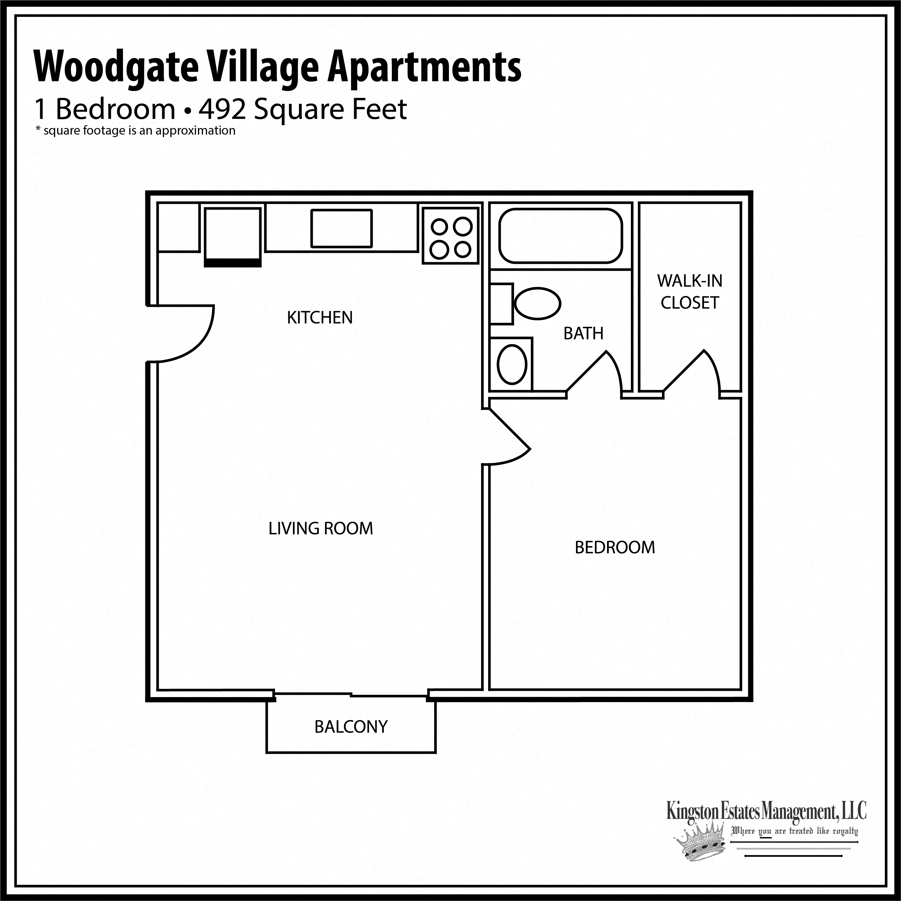 Floor plan for 1 bed, 1 bath, 567 sqft