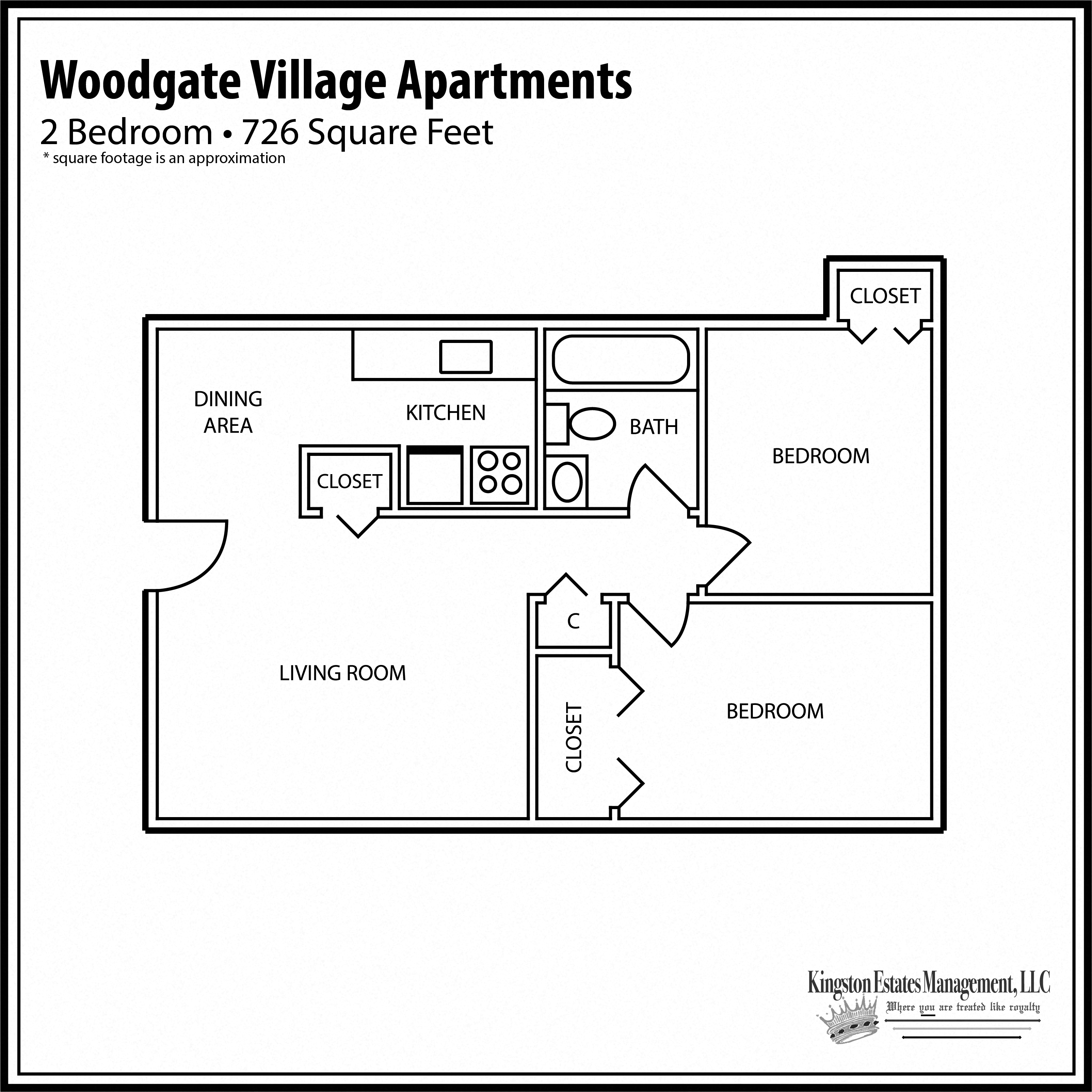 Floor plan for 2 beds, 1 bath, 880 sqft