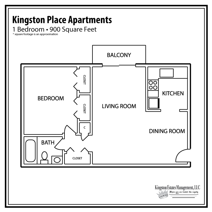 Floor plan for 1 bed, 1 bath, 900 sqft