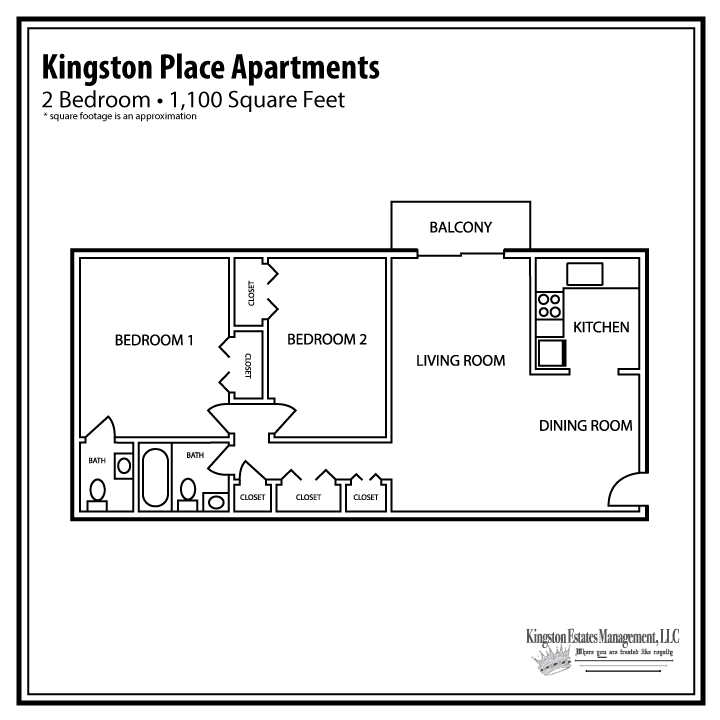 Floor plan for 2 beds, 1.5 baths, 1100 sqft