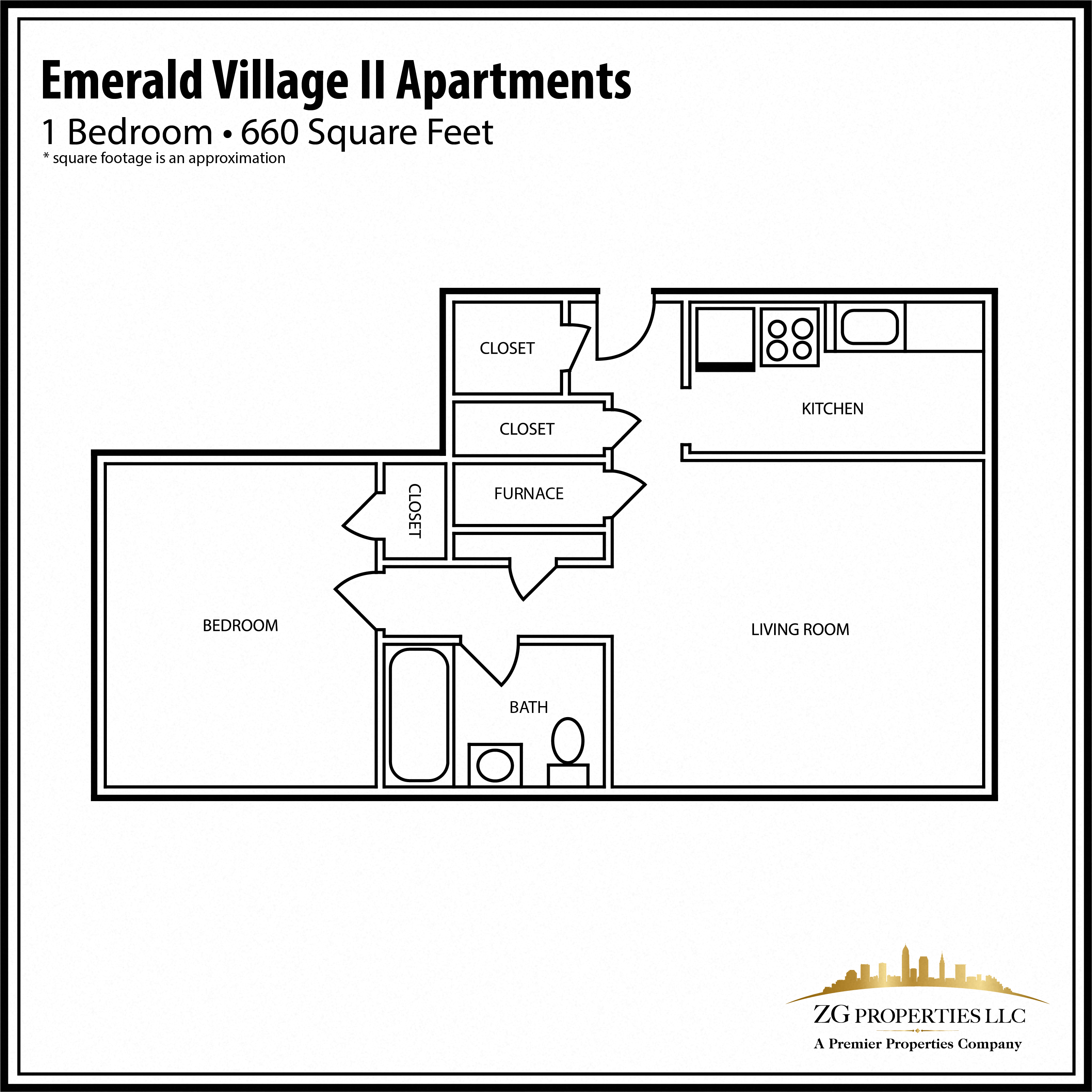 Floor plan for 1 bed, 1 bath, 660 sqft