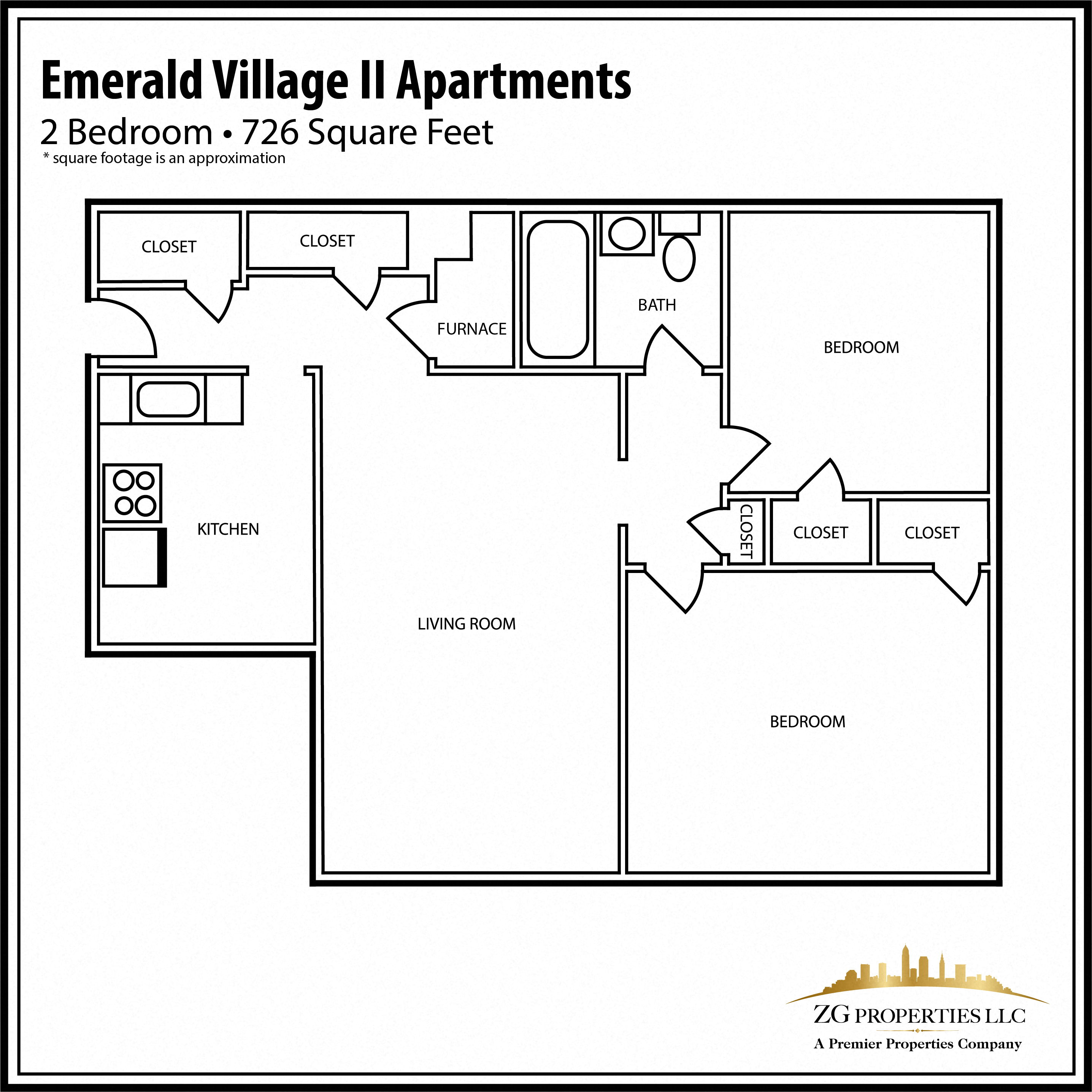 Floor plan for 2 beds, 1 bath, 726 sqft
