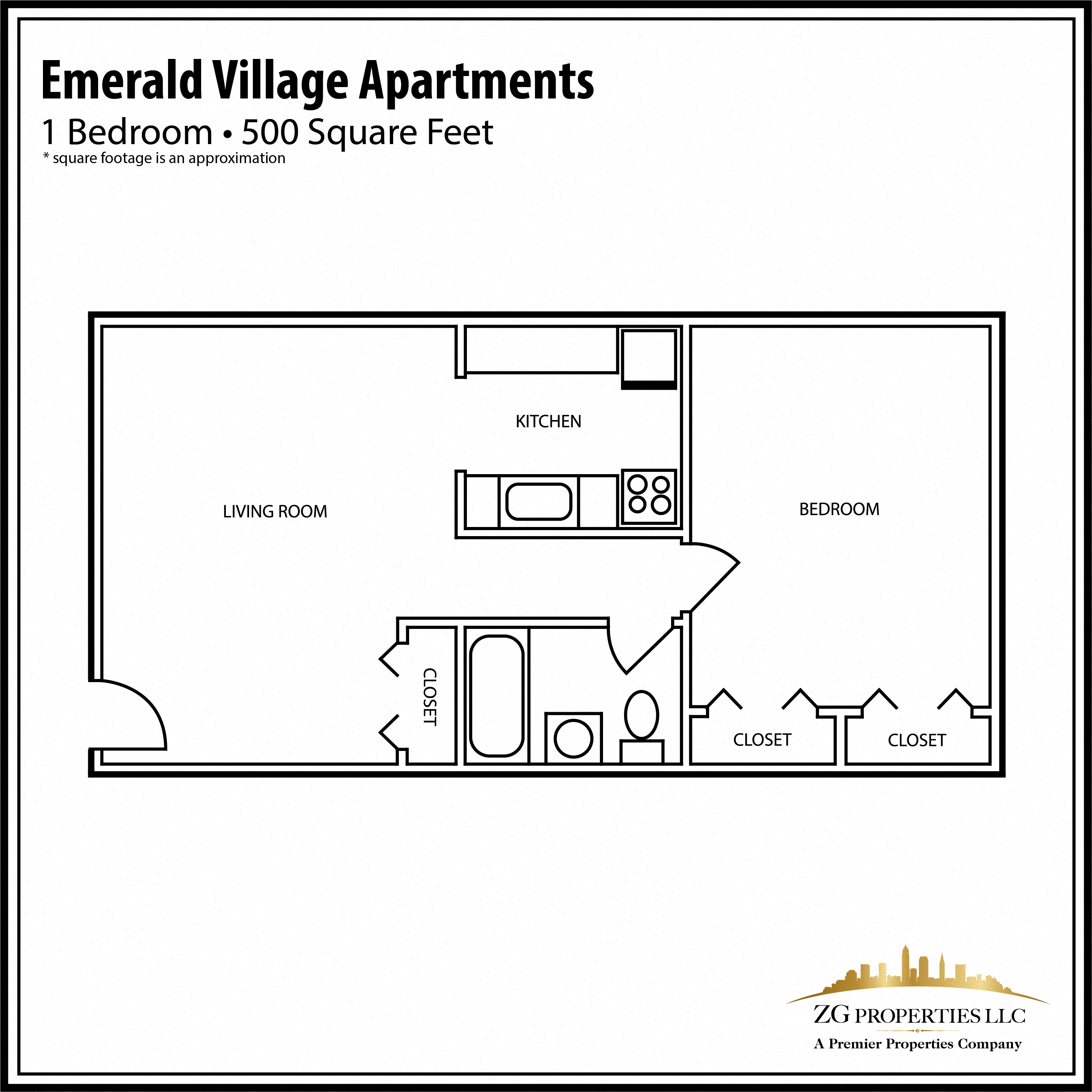 Floor plan for 1 bed, 1 bath, 500 sqft