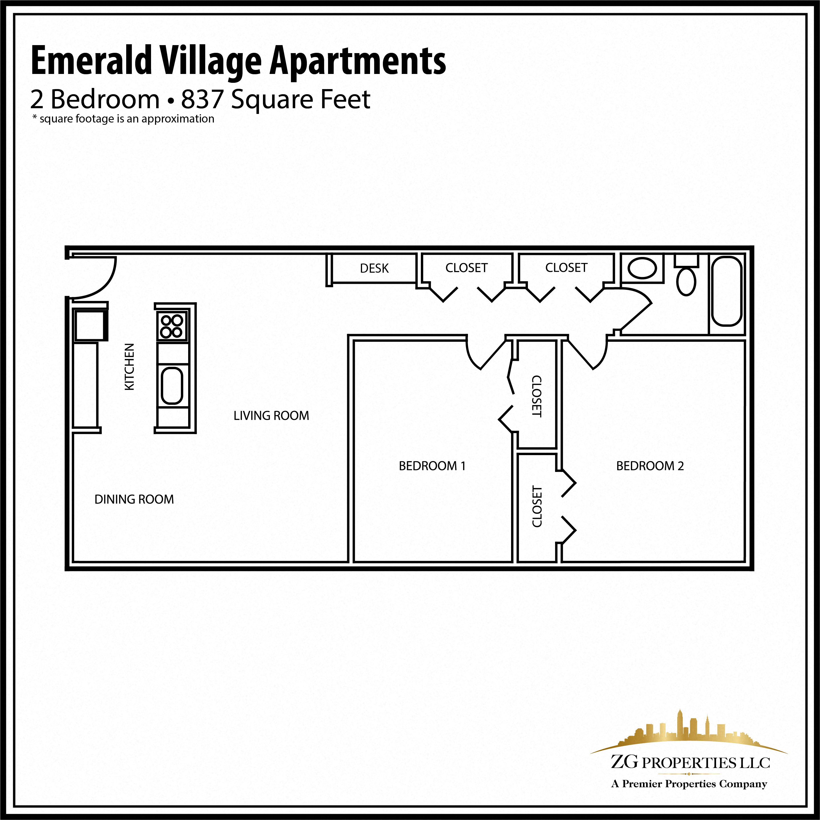Floor plan for 2 beds, 1 bath, 837 sqft