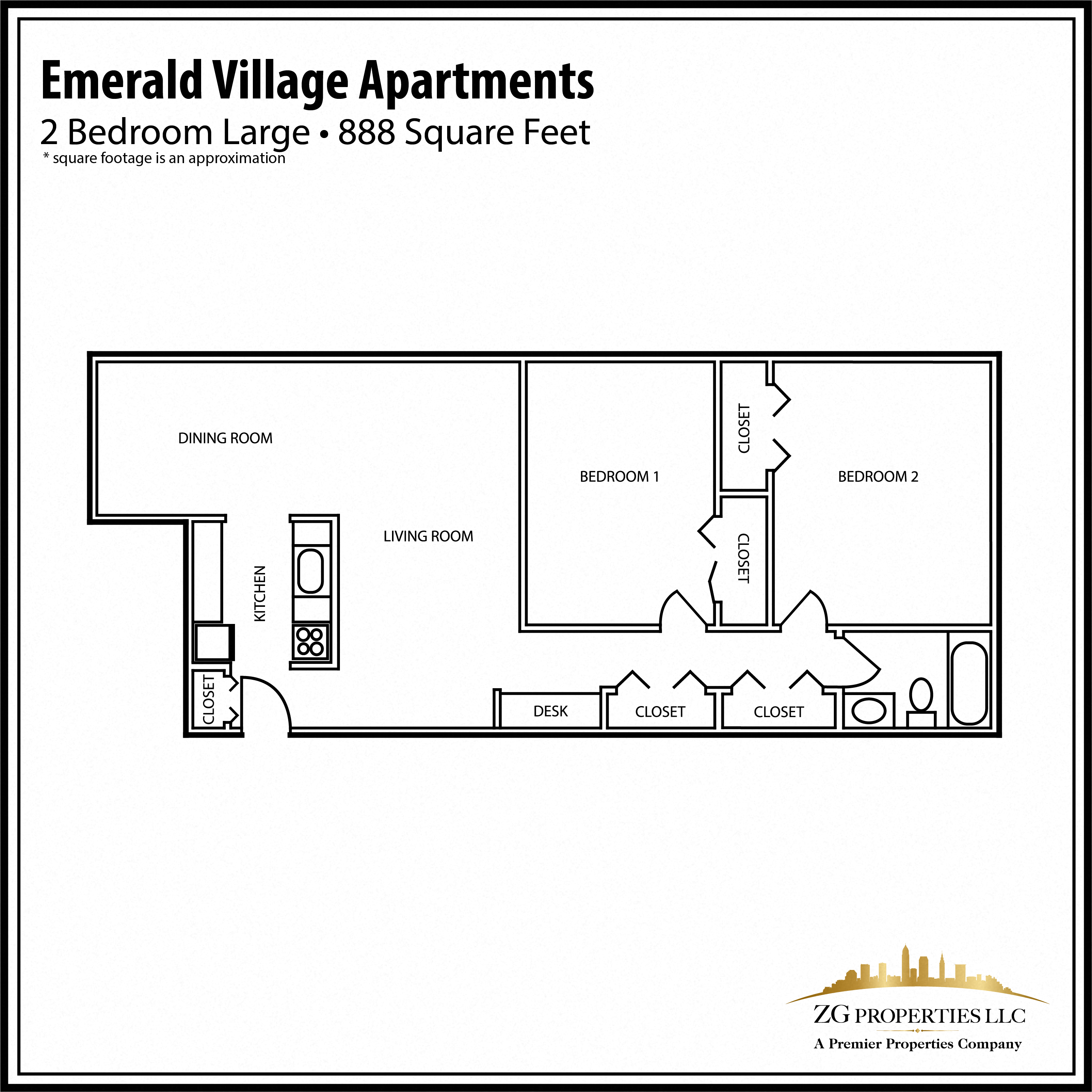 Floor plan for 2 beds, 1 bath, 888 sqft