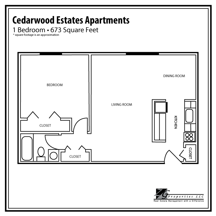 Floor plan for 1 bed, 1 bath, 673 sqft