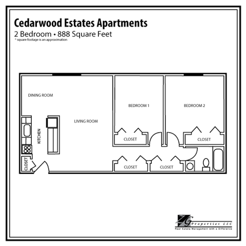 Floor plan for 2 beds, 1 bath, 888 sqft