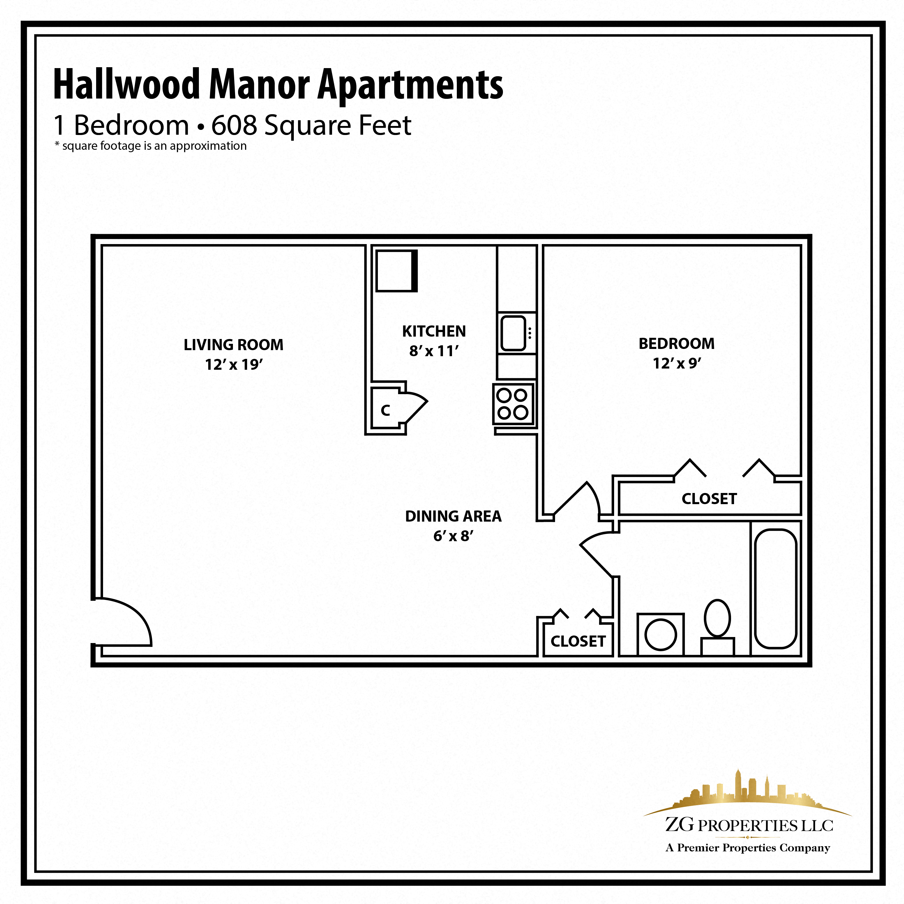 Floor plan for 1 bed, 1 bath, 680 sqft