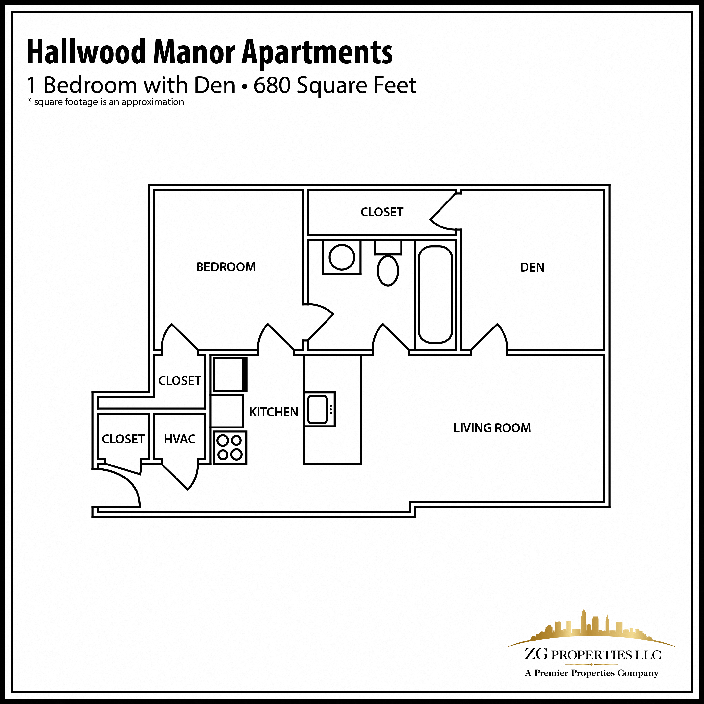 Floor plan for 1 bed, 1 bath, 680 sqft