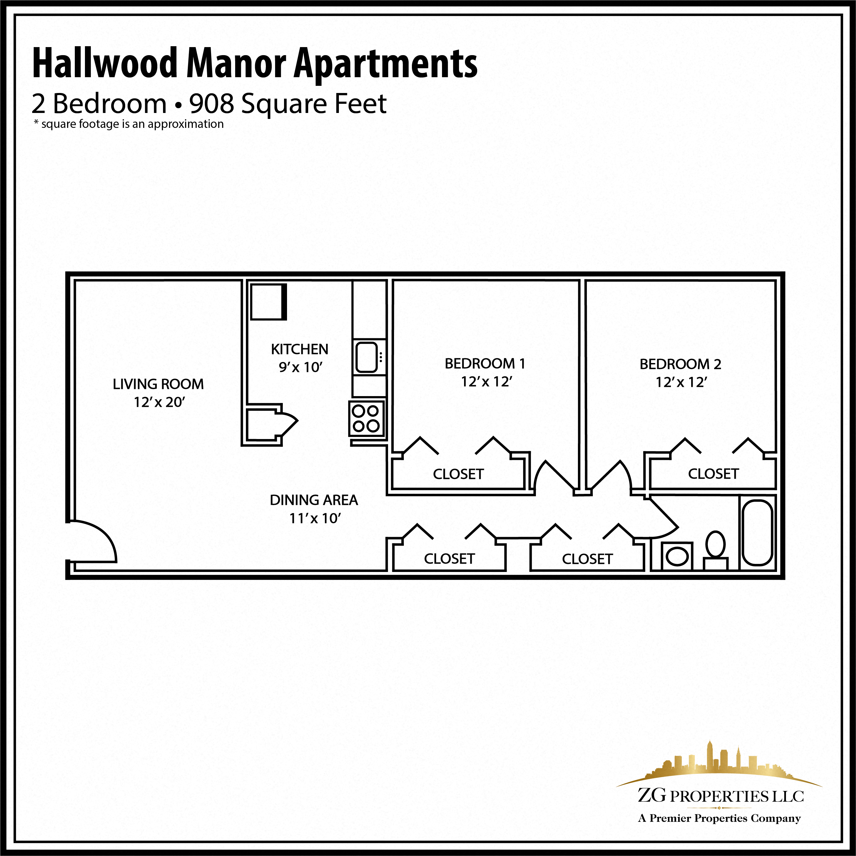 Floor plan for 2 beds, 1 bath, 920 sqft