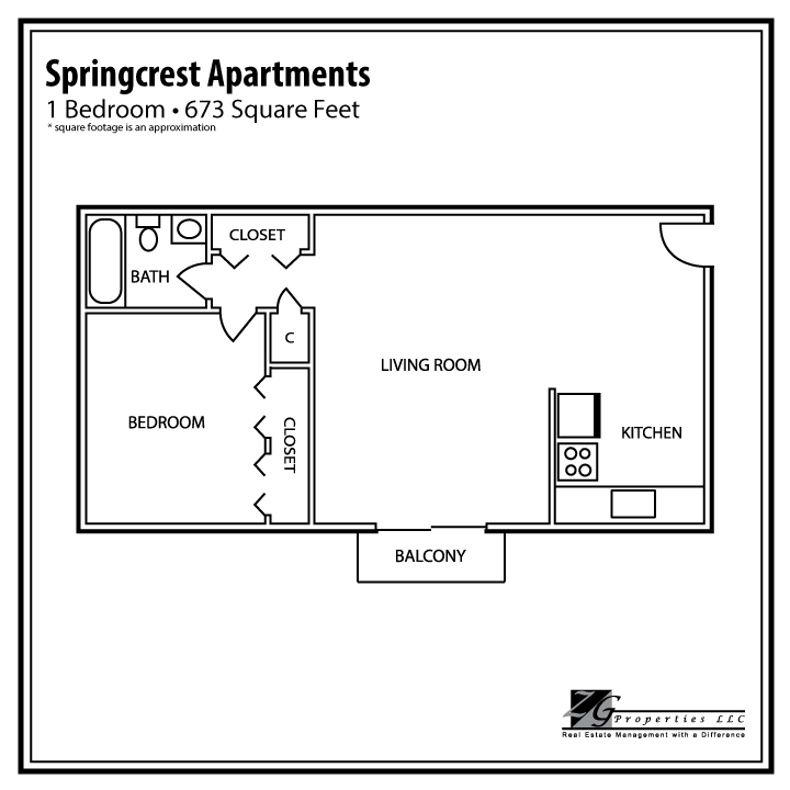Floor plan for 1 bed, 1 bath, 544 sqft