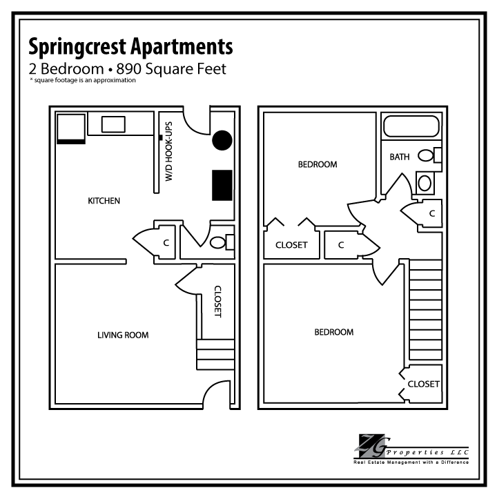 Floor plan for 2 beds, 1.5 baths, 890 sqft