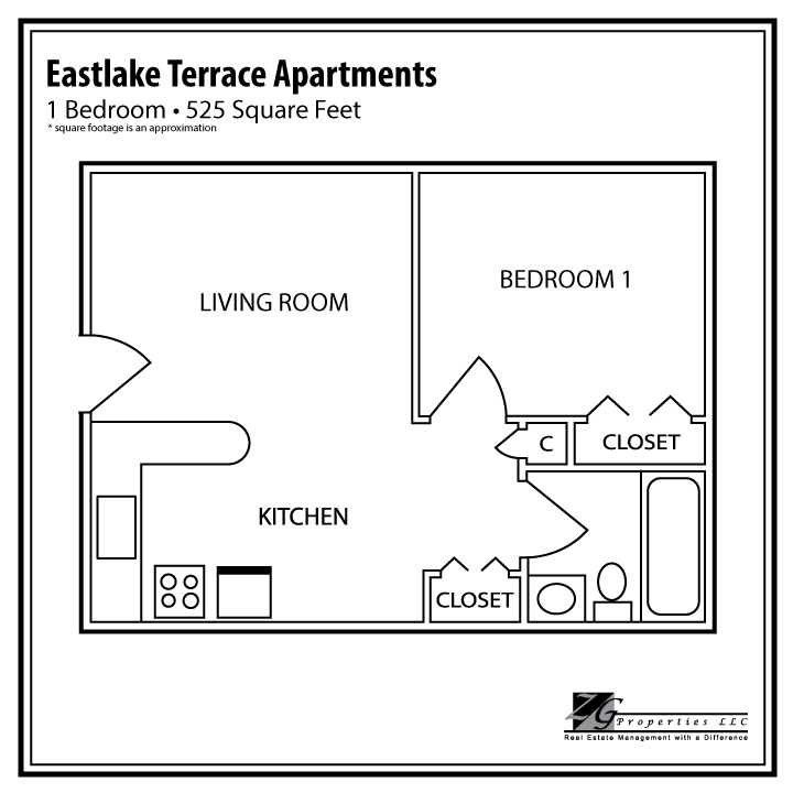 Floor plan for 1 bed, 1 bath, 525 sqft