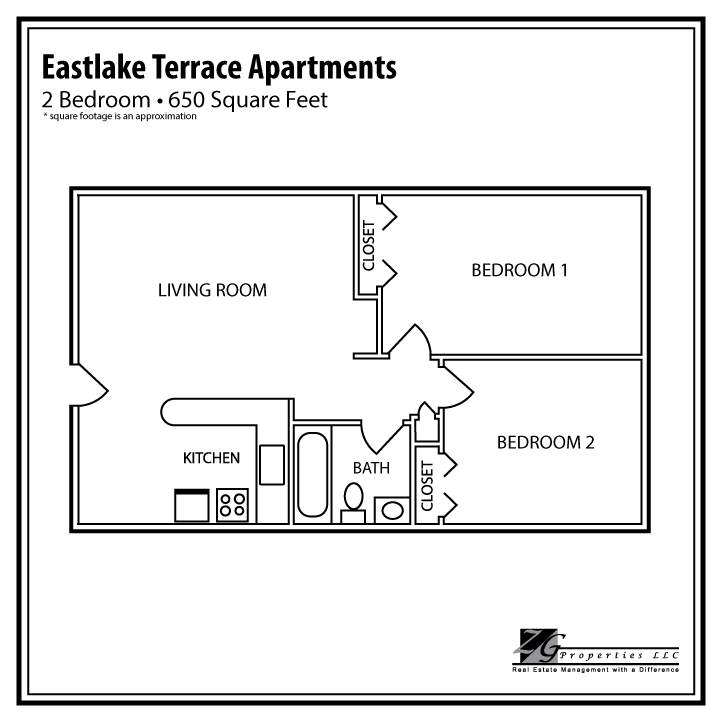 Floor plan for 2 beds, 1 bath, 650 sqft