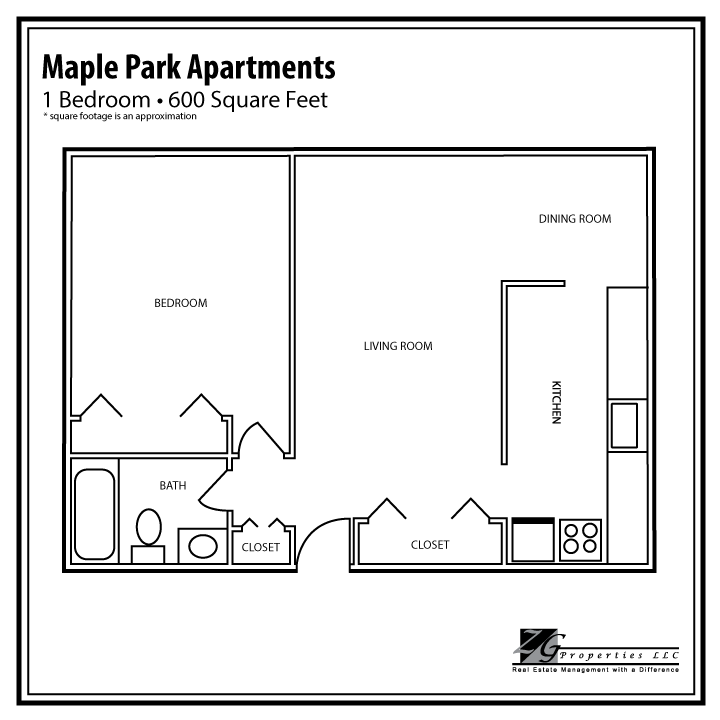 Floor plan for 1 bed, 1 bath, 600 sqft