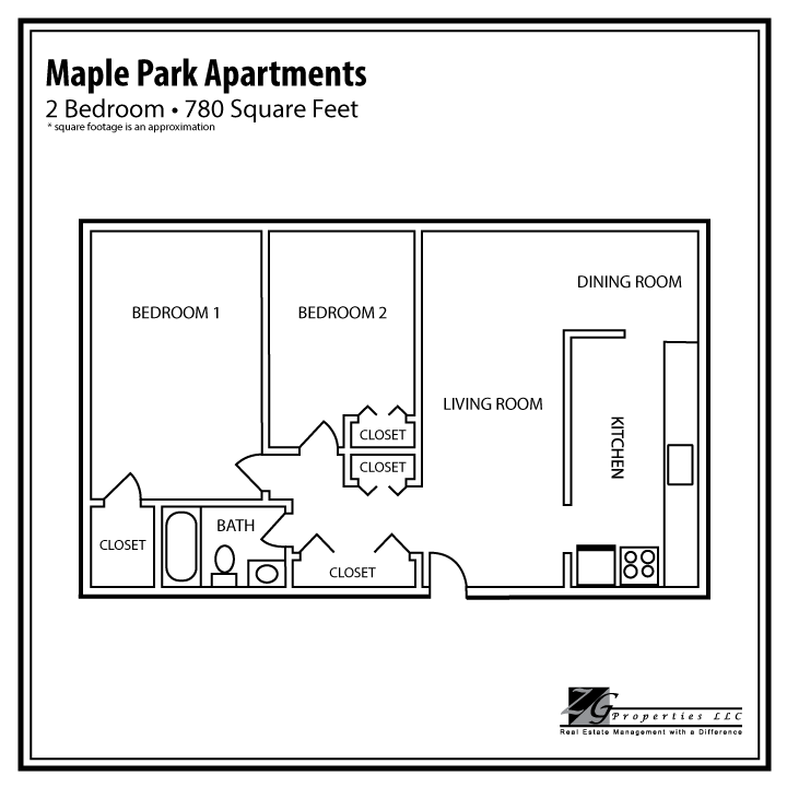 Floor plan for 2 beds, 1 bath, 760 sqft