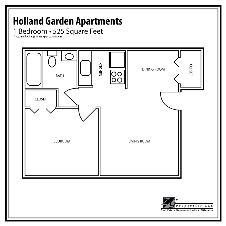 Floor plan for 1 bed, 1 bath, 525 sqft