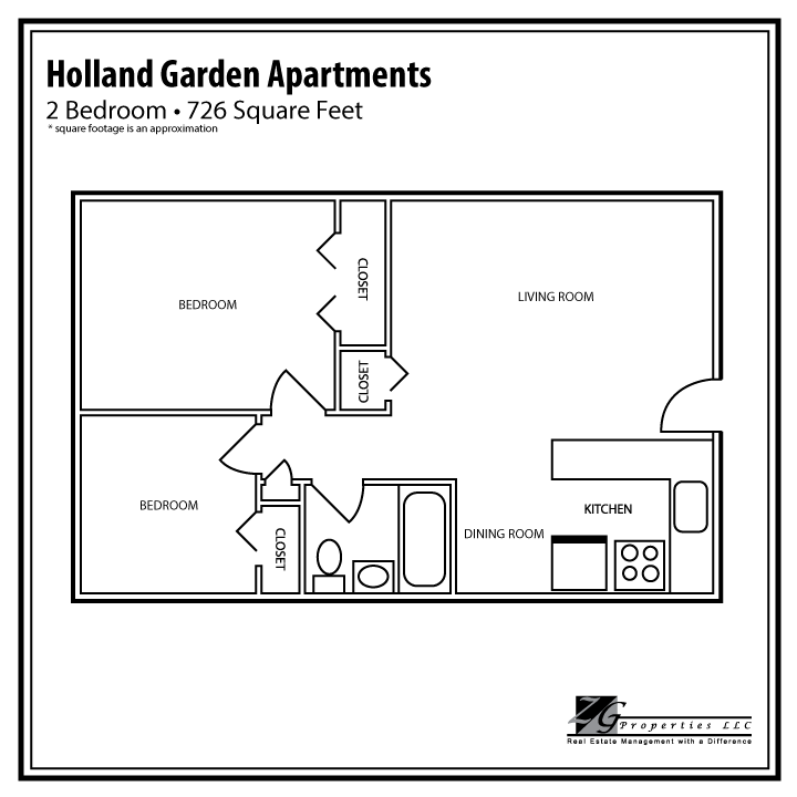 Floor plan for 2 beds, 1 bath, 726 sqft