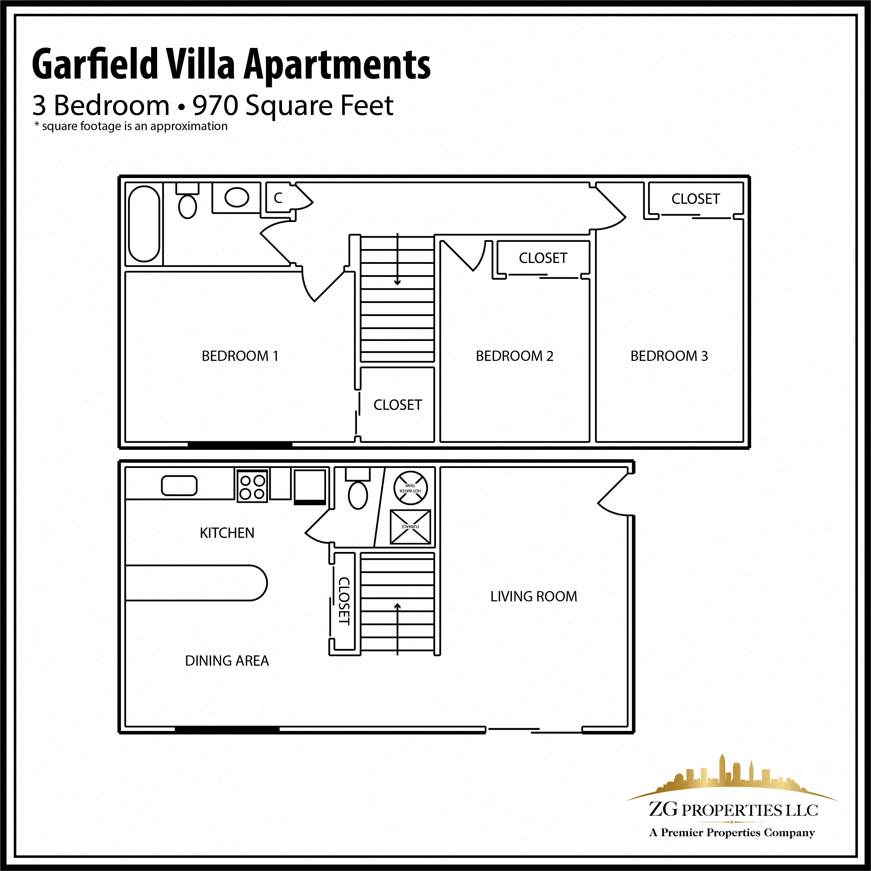 Floor plan for 3 beds, 1.5 baths