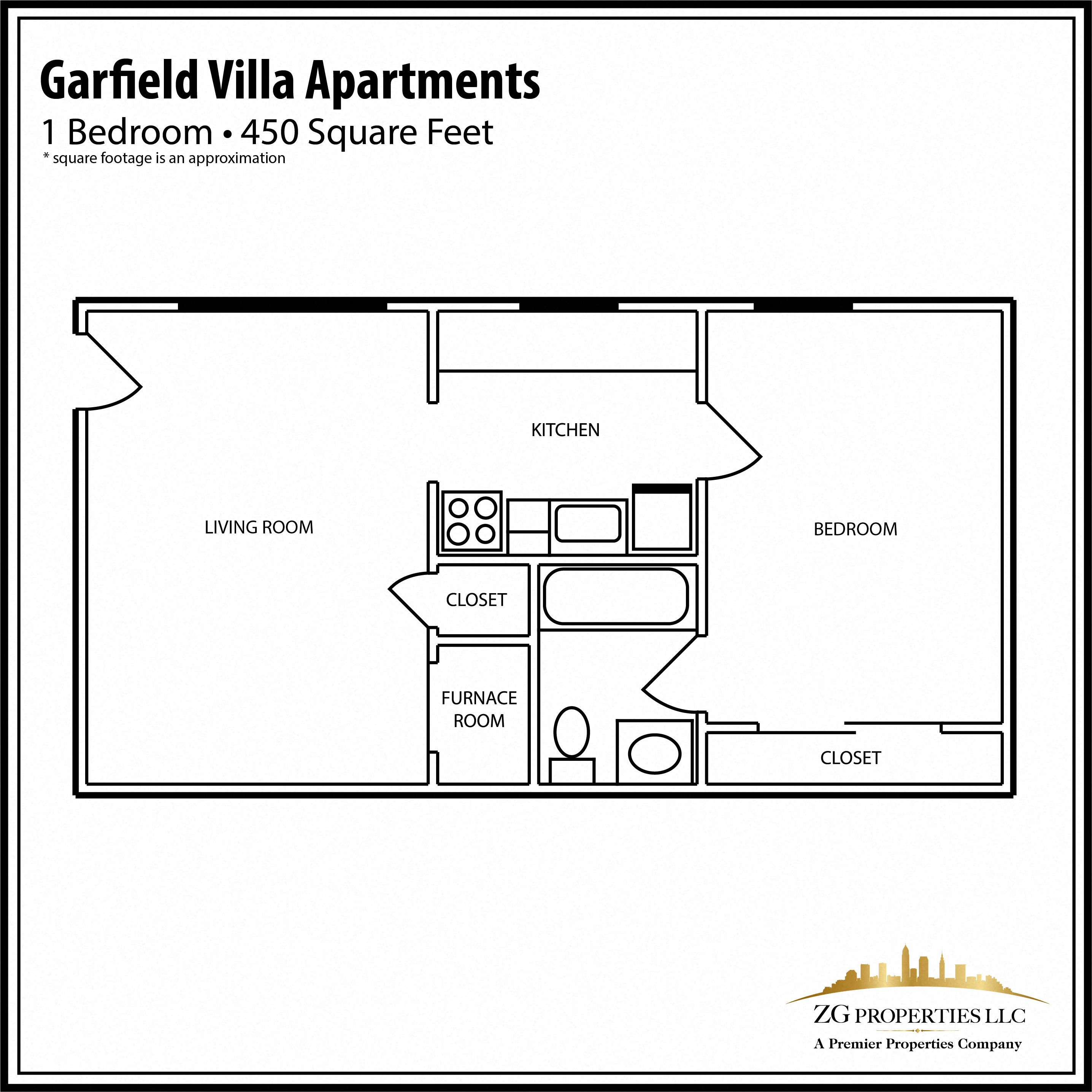 Floor plan for 1 bed, 1 bath, 450 sqft