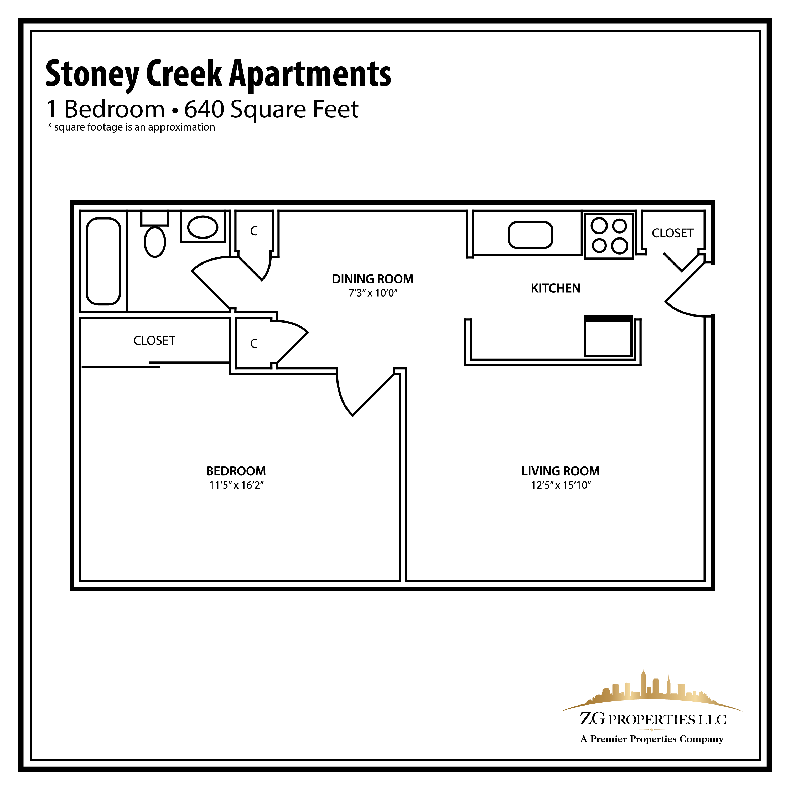 Floor plan for 1 bed, 1 bath, 640 sqft