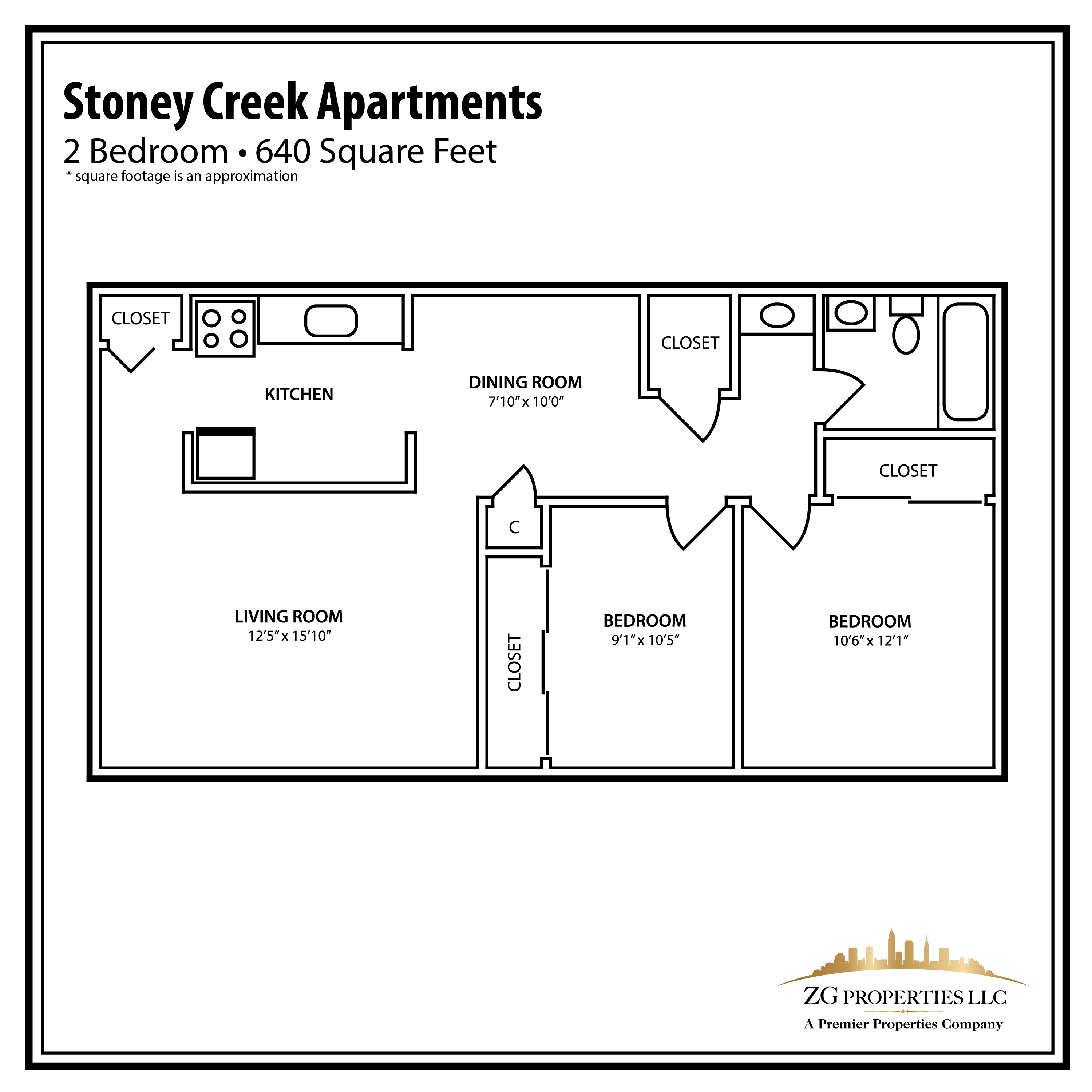 Floor plan for 2 beds, 1 bath, 760 sqft