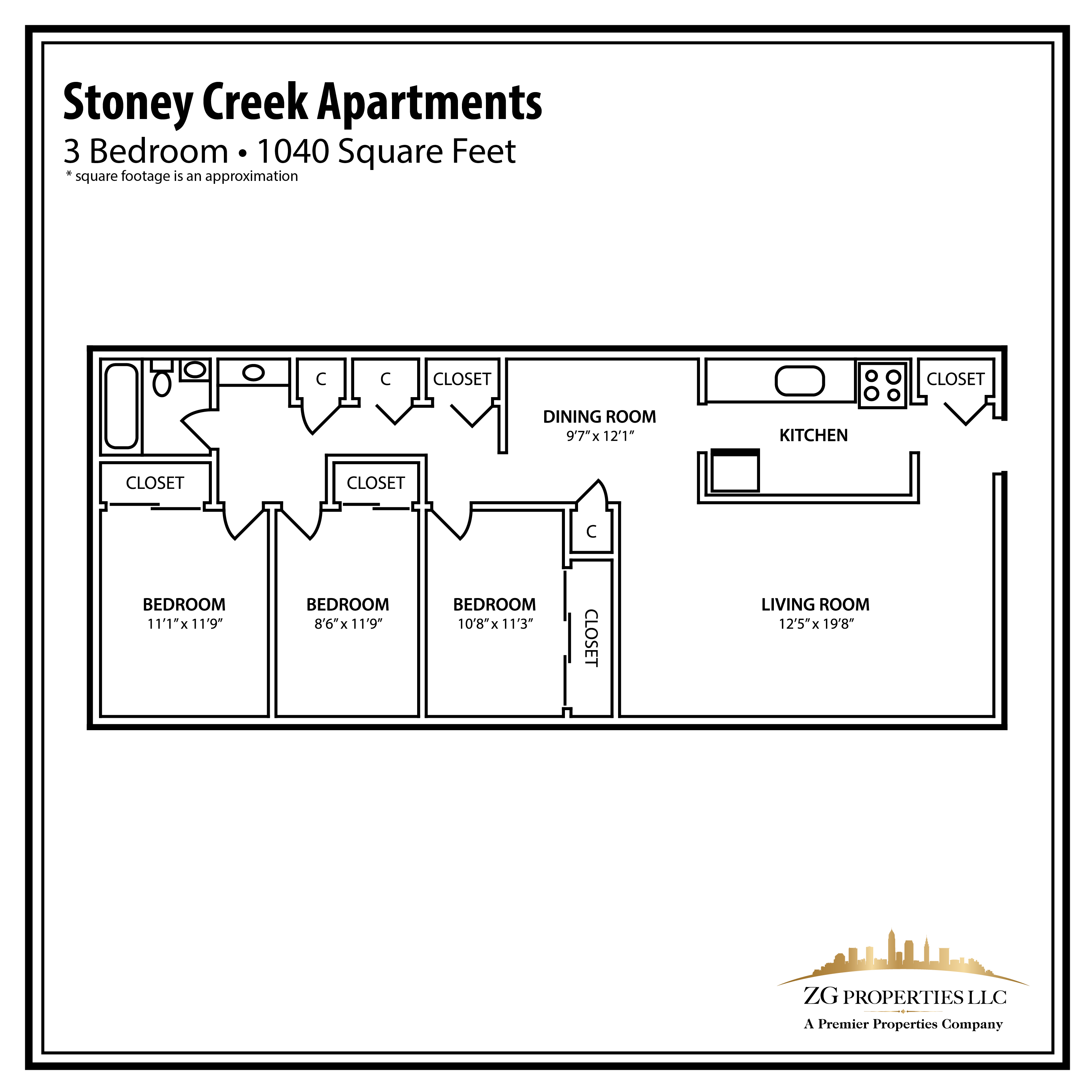 Floor plan for 3 beds, 1 bath, 1040 sqft