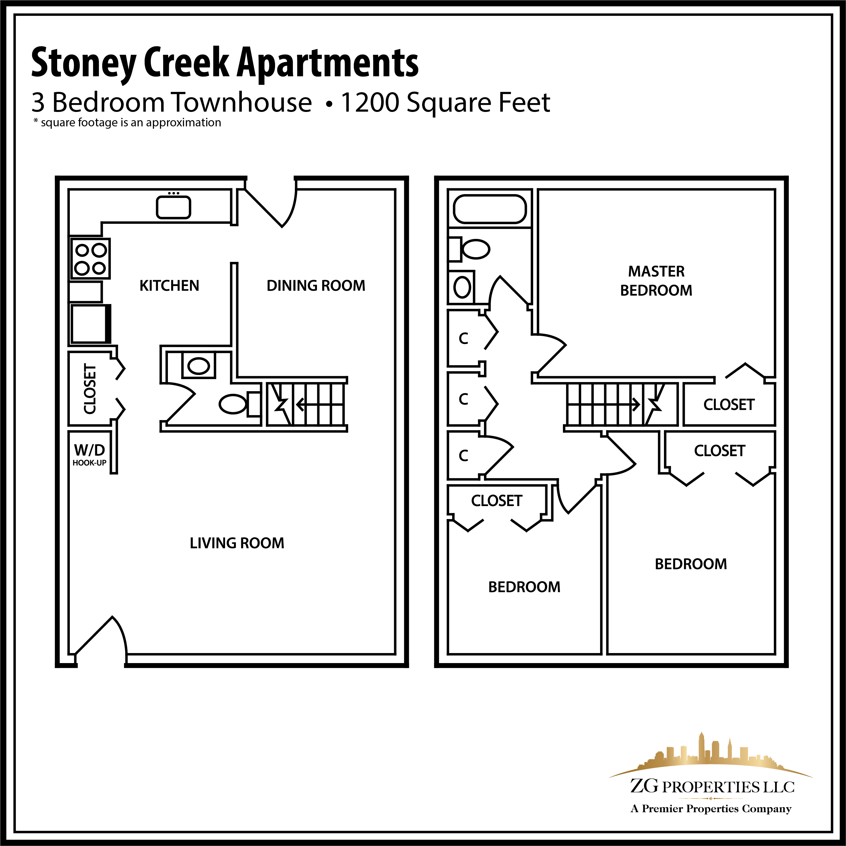 Floor plan for 3 beds, 1.5 baths, 1200 sqft