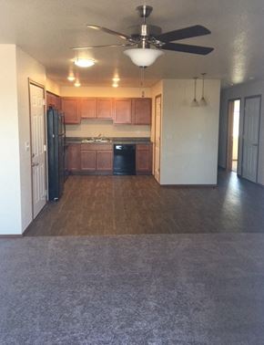 Polson apartment for rent - Image of fan, refrigerator, dishwasher, and cabinets