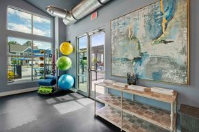 Gainesville apartment for rent - a gym with a weights rack and a large map on the wall