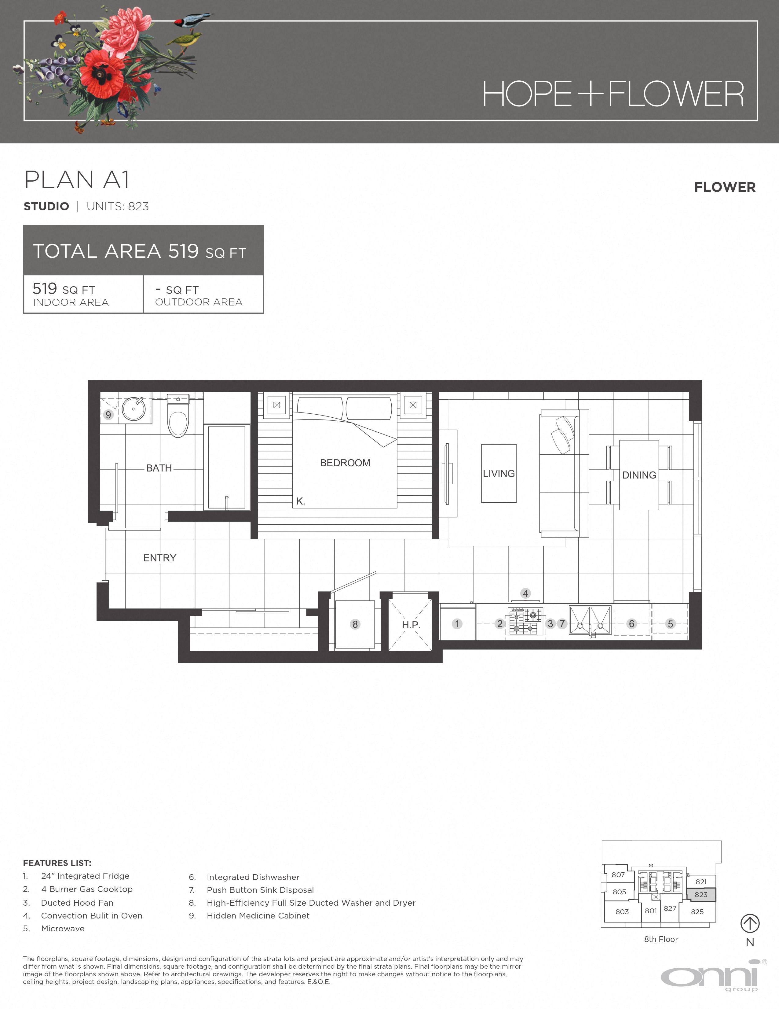 Floor plan for studio, 1 bath, 519 sqft